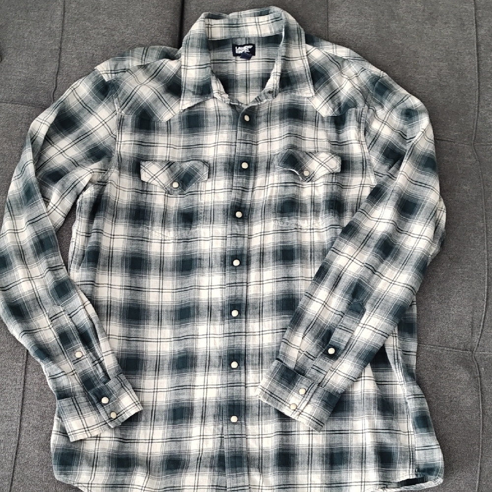 Lands' End Men's Plaid Button Down Shirt - Black and White